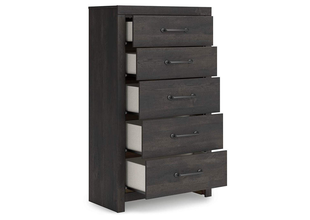 Delmorta Full Panel Storage Bed, Dresser, Mirror, Chest and Nightstand angled view