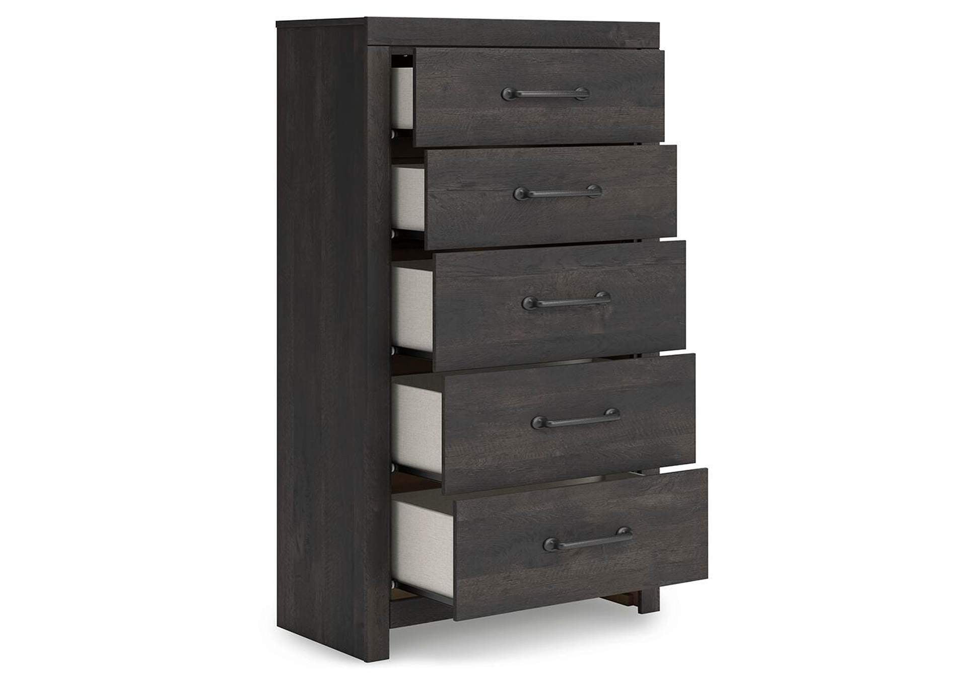 Delmorta Full Panel Storage Bed, Dresser, Mirror, Chest and 2 Nightstands angled view