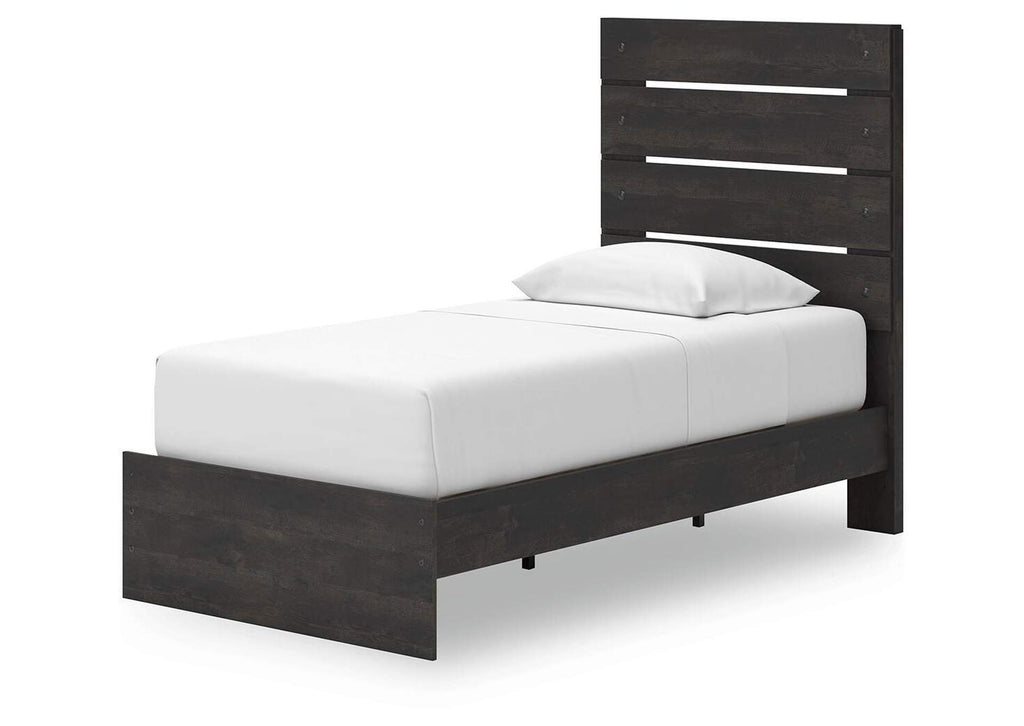 Delmorta Twin Panel Storage Bed, Dresser, Mirror and 2 Nightstands angled view