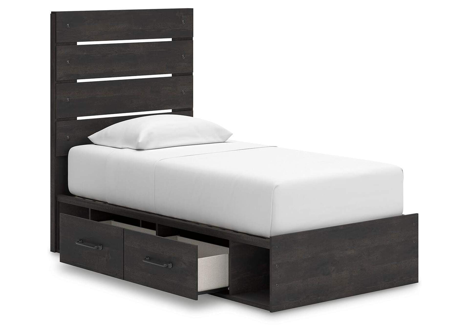 Delmorta Twin Panel Storage Bed, Dresser, Mirror and 2 Nightstands angled view