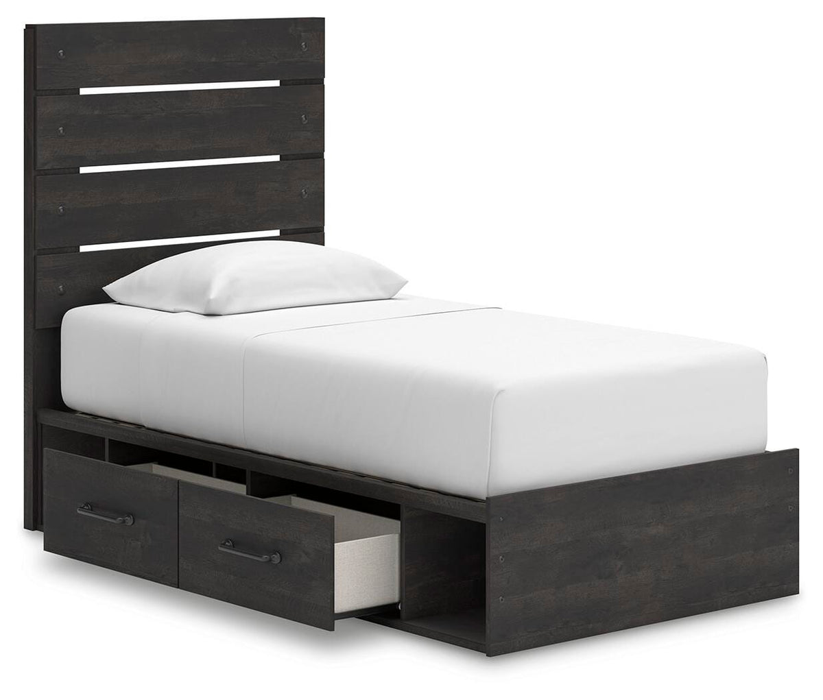 Hollivern Twin Panel Storage Bed in Dark Gray, open view
