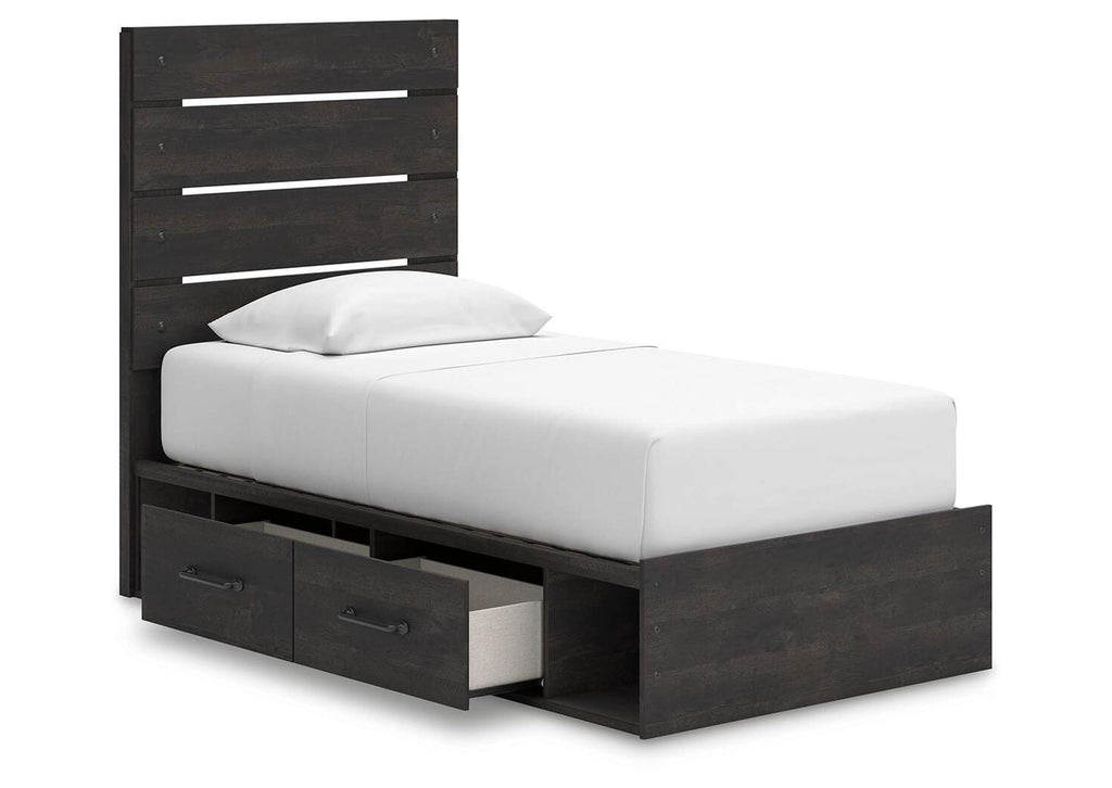 Delmorta Twin Panel Storage Bed, Dresser, Mirror and Nightstand angled view
