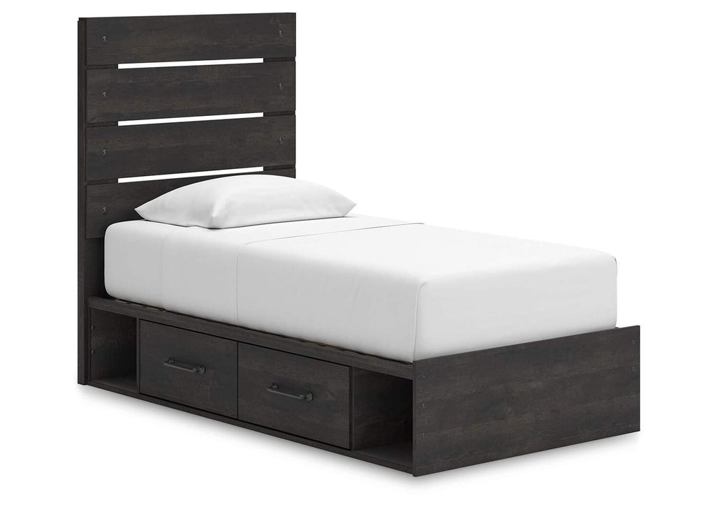 Delmorta Twin Panel Storage Bed, Dresser, Mirror, Chest and 2 Nightstands angled view