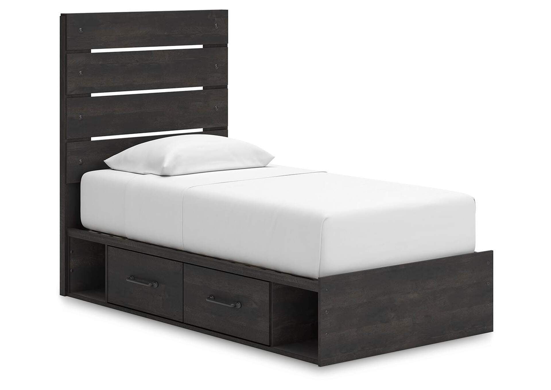 Delmorta Twin Panel Storage Bed, Dresser, Mirror and Nightstand angled view