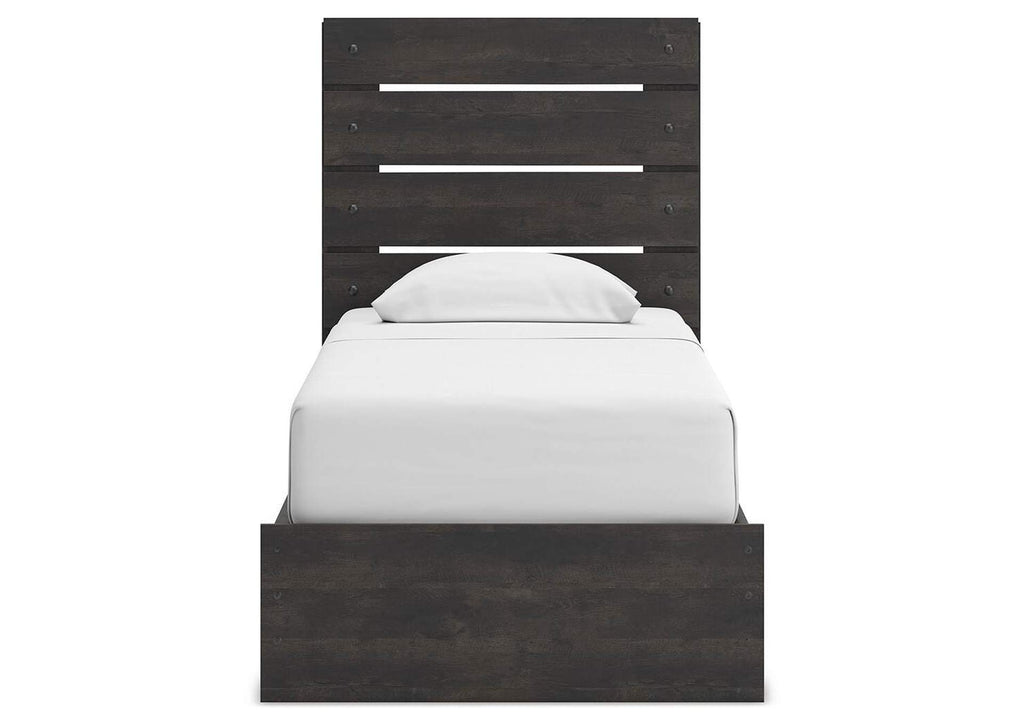 Delmorta Twin Panel Storage Bed, Dresser, Mirror and Nightstand front view