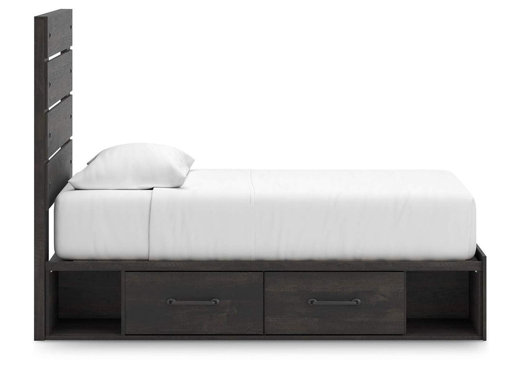 Delmorta Twin Panel Storage Bed, Dresser and Nightstand side view