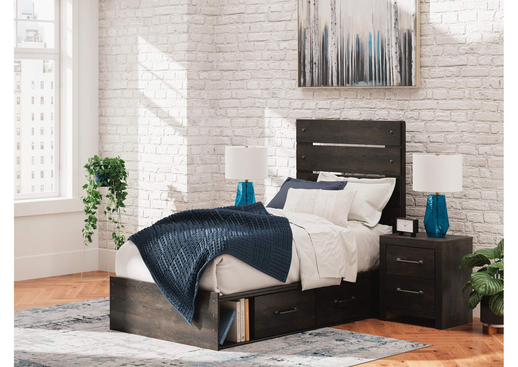 Delmorta Twin Panel Storage Bed, Dresser, Mirror and Nightstand