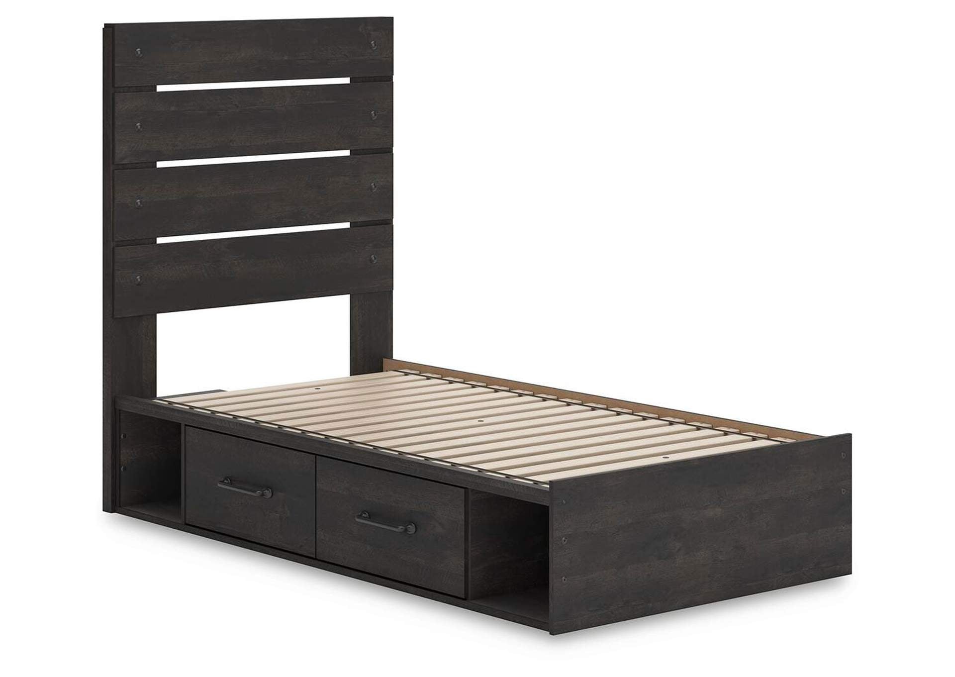 Delmorta Twin Panel Bed with Storage, Dresser, Mirror and 2 Nightstands angled view