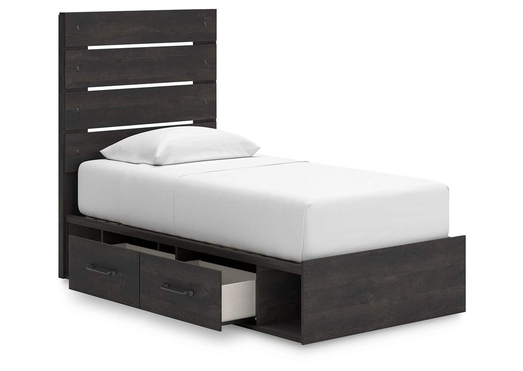Delmorta Twin Panel Bed with Storage, Dresser, Mirror, Chest and 2 Nightstands angled view