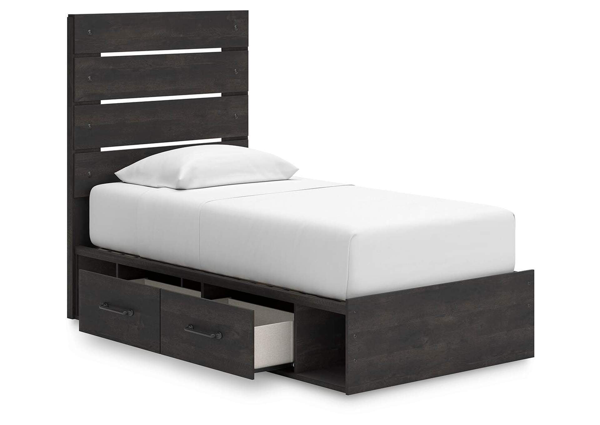 Delmorta Twin Panel Bed with Storage, Dresser, Mirror, Chest and 2 Nightstands angled view