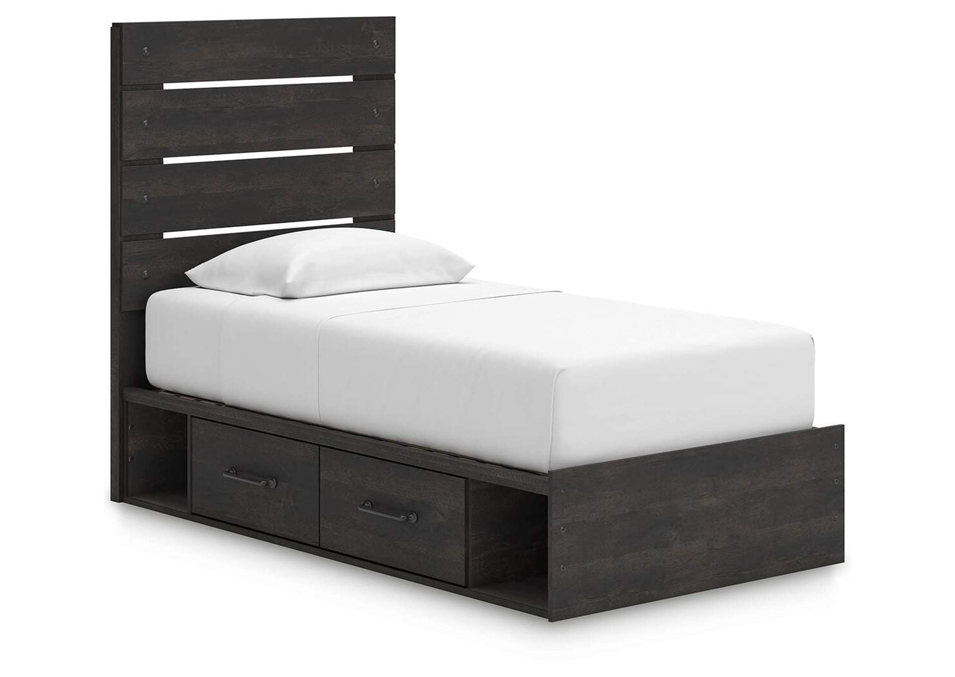 Delmorta Twin Panel Bed with Storage, Dresser, Mirror and 2 Nightstands angled view