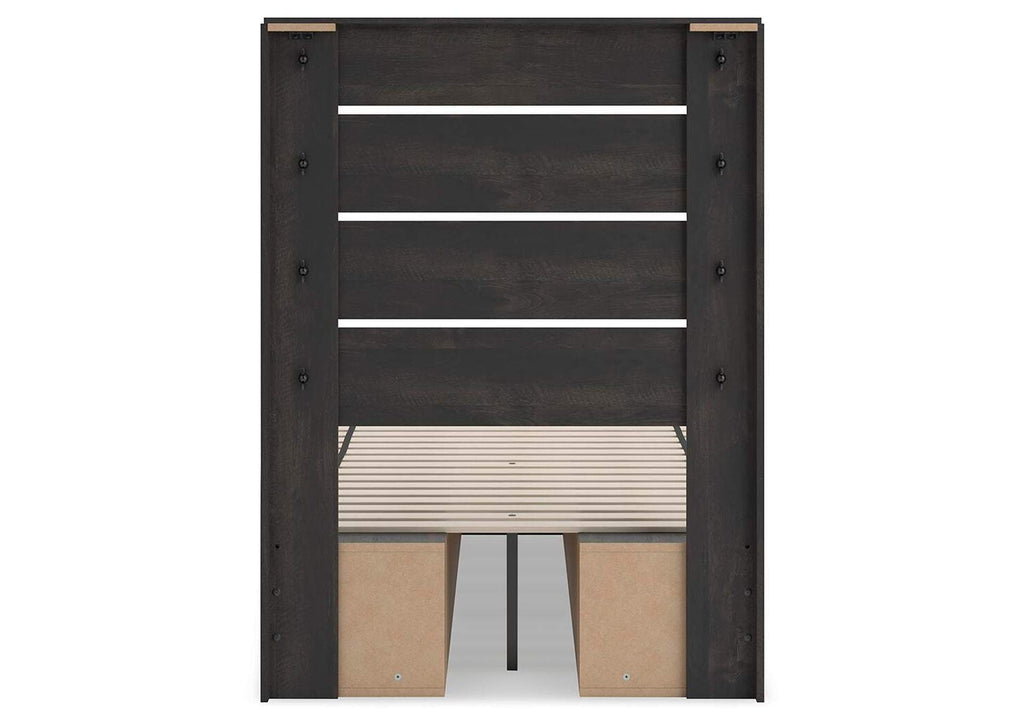 Delmorta Twin Panel Bed with Storage, Dresser and Mirror