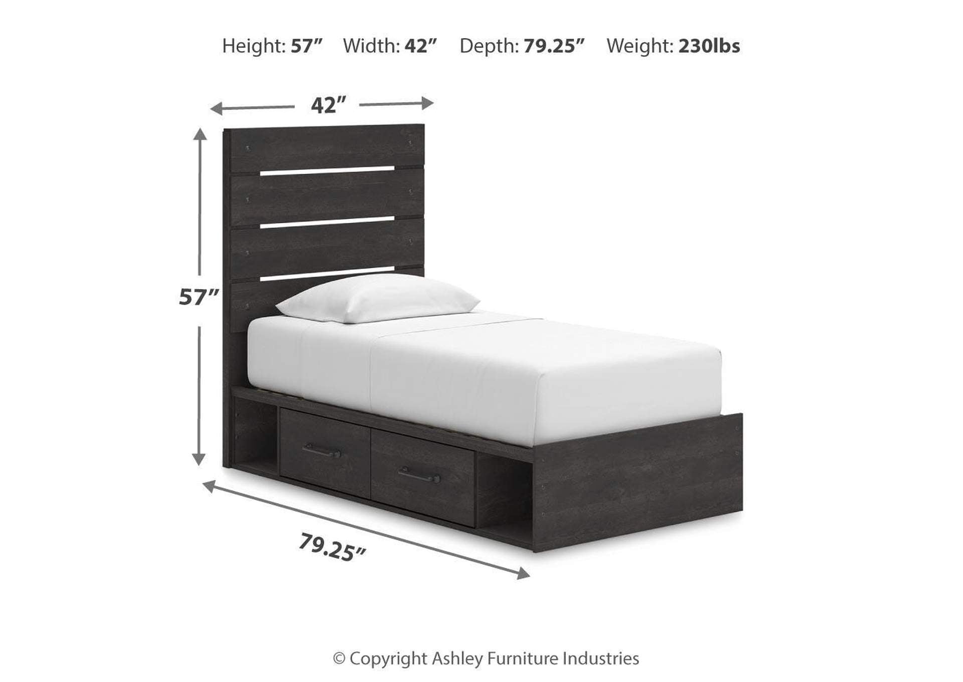 Delmorta Twin Panel Bed with Storage, Dresser and Mirror dimensions
