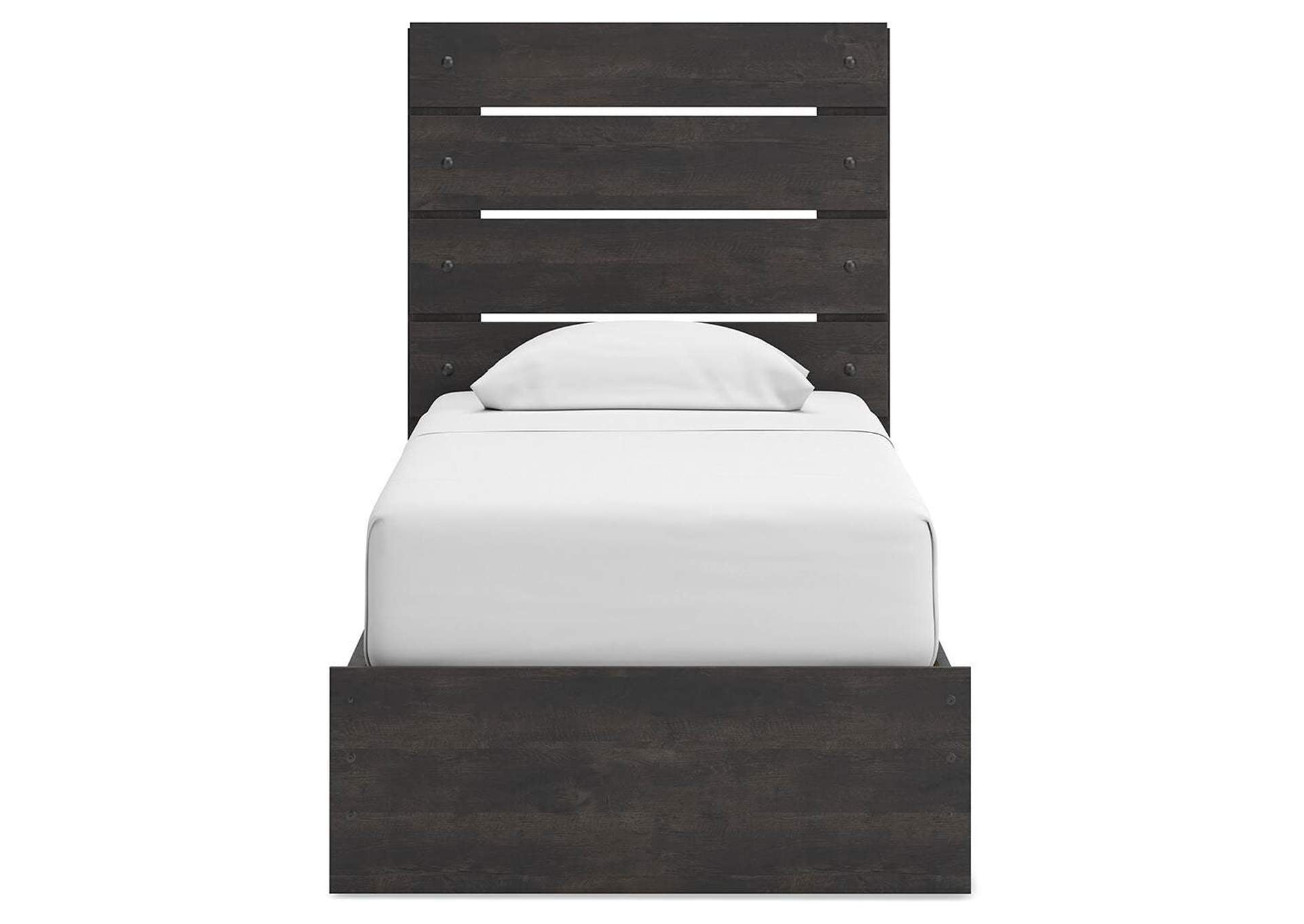 Delmorta Twin Panel Bed with Storage, Dresser, Mirror and Nightstand front view