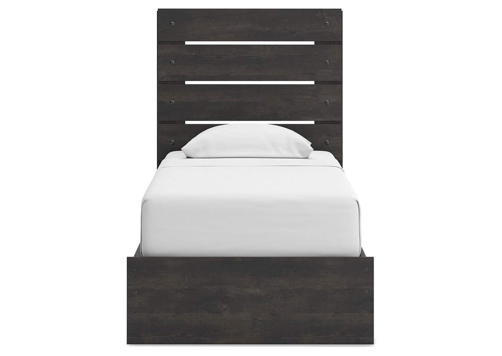 Delmorta Twin Panel Bed with Storage, Dresser, Mirror and Chest