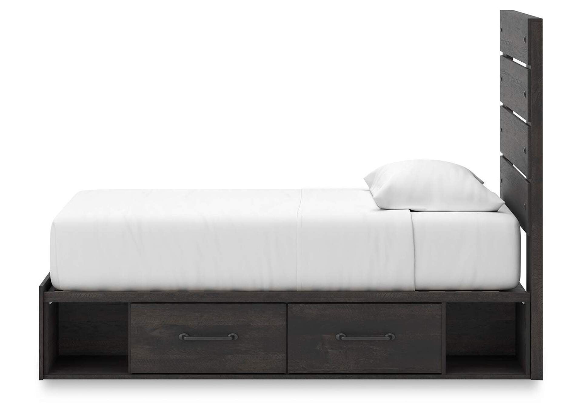 Delmorta Twin Panel Bed with Storage, Dresser, Mirror, Chest and 2 Nightstands side view