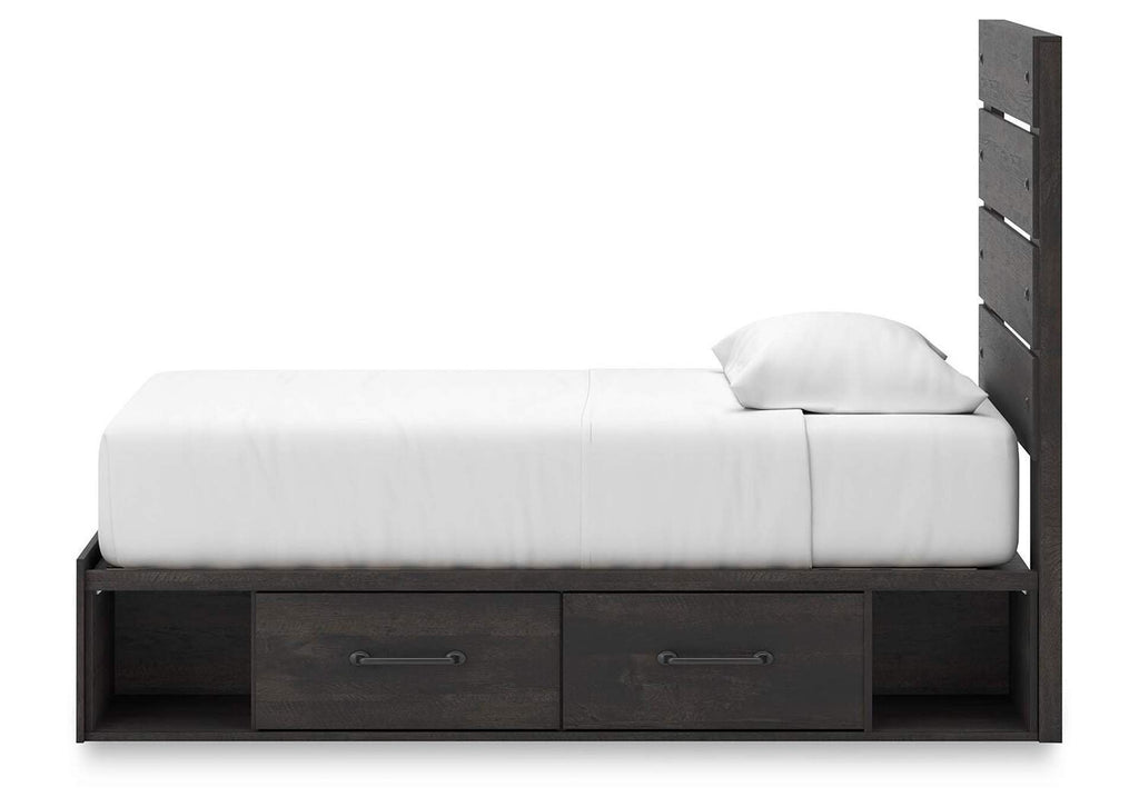Delmorta Twin Panel Bed with Storage, Dresser and Nightstand side view