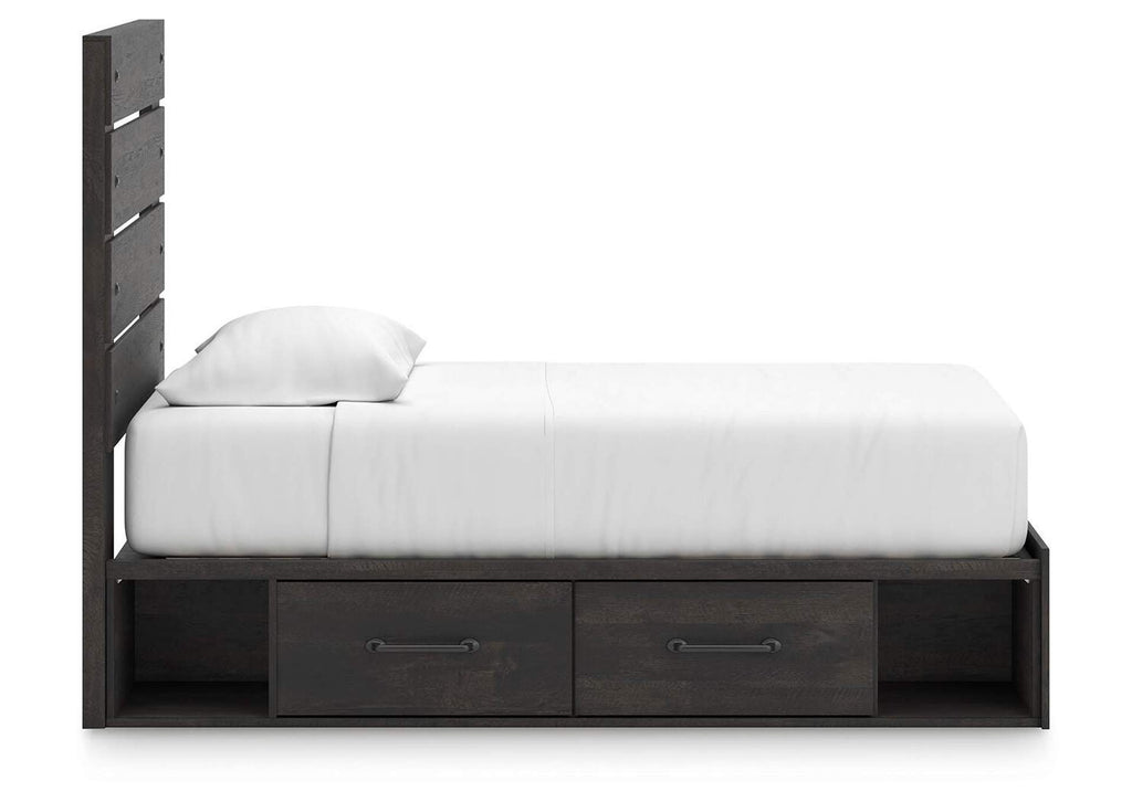 Delmorta Twin Panel Bed with Storage, Dresser, Mirror and 2 Nightstands side view