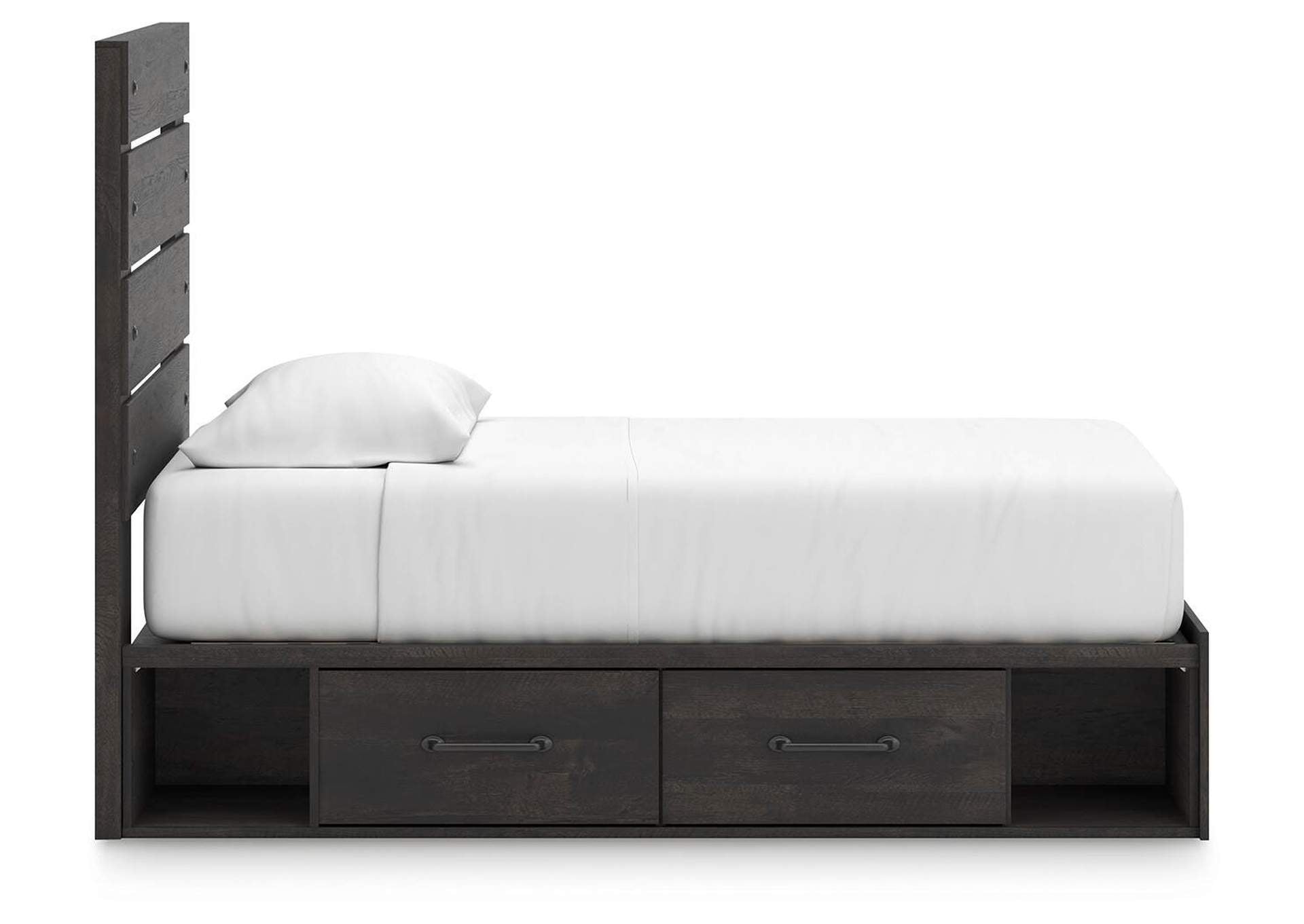 Delmorta Twin Panel Bed with Storage, Dresser and Nightstand side view