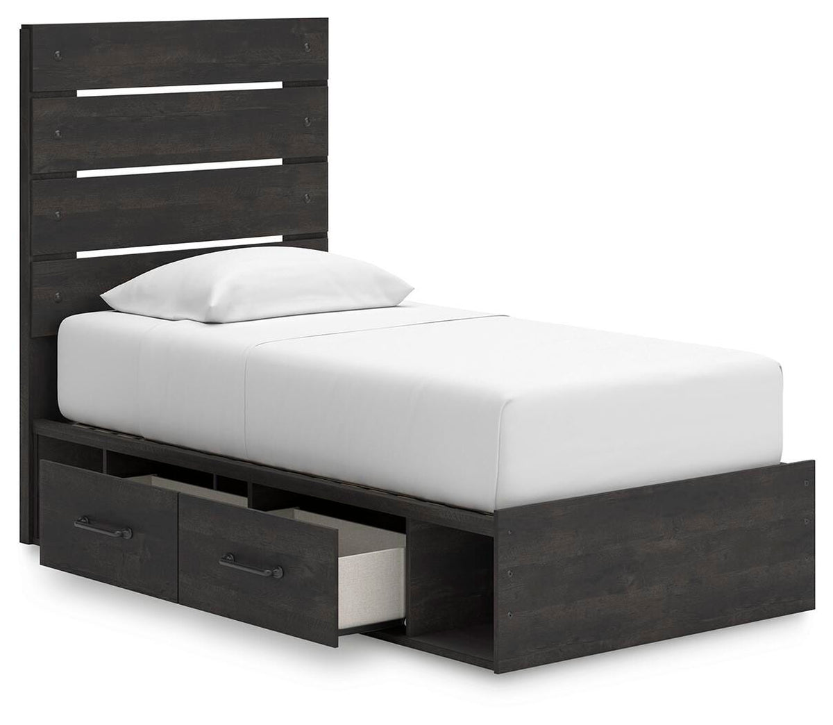 Hollivern Twin Panel Bed with Storage in Dark Gray, open view