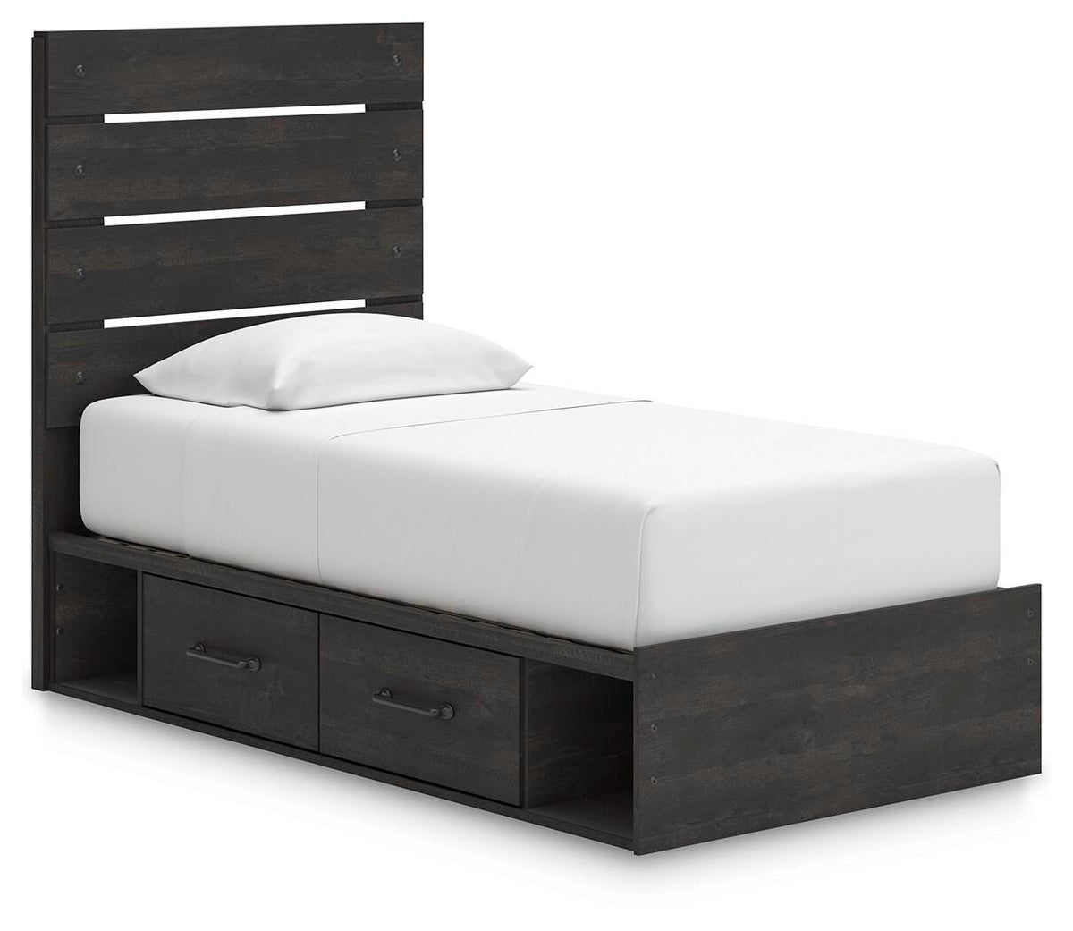 Hollivern Twin Panel Bed with Storage in Dark Gray, angle view