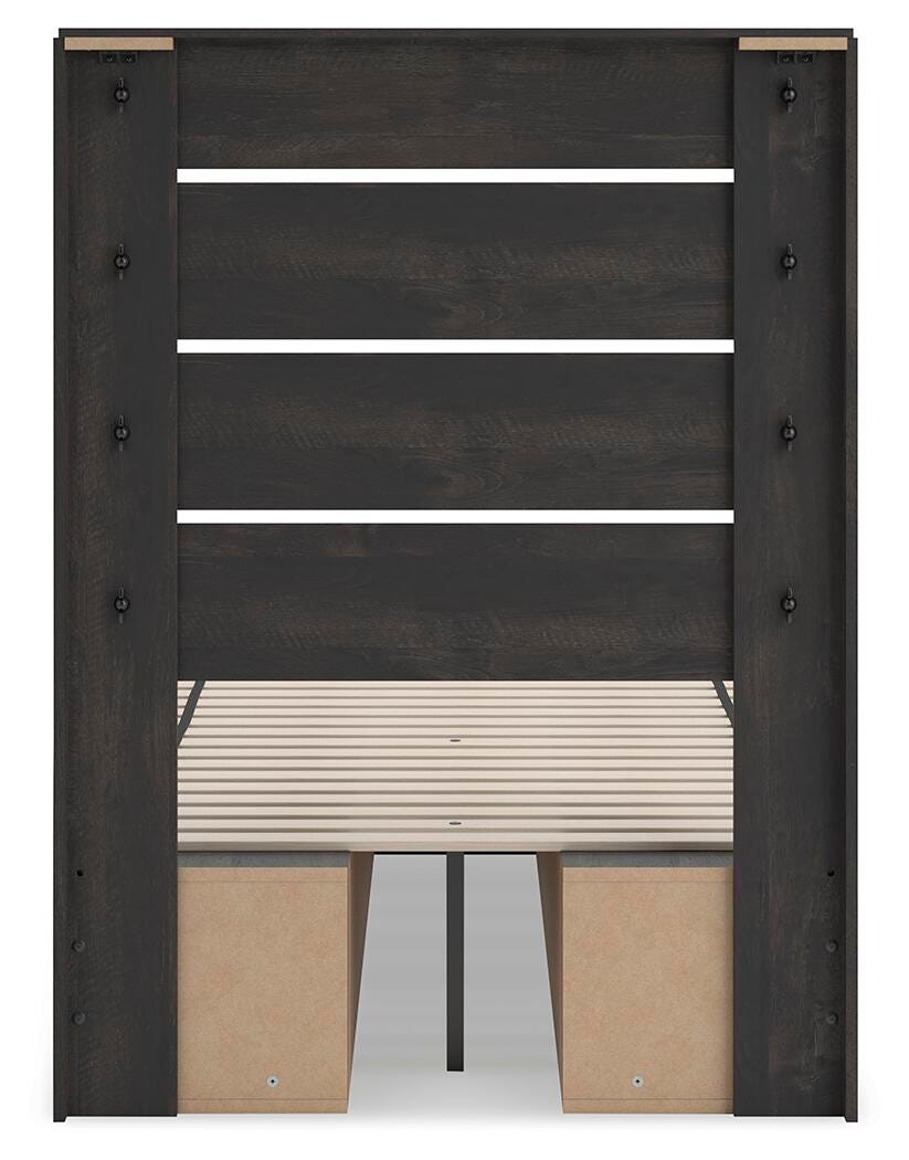 Hollivern Twin Panel Bed with Storage in Dark Gray, back view