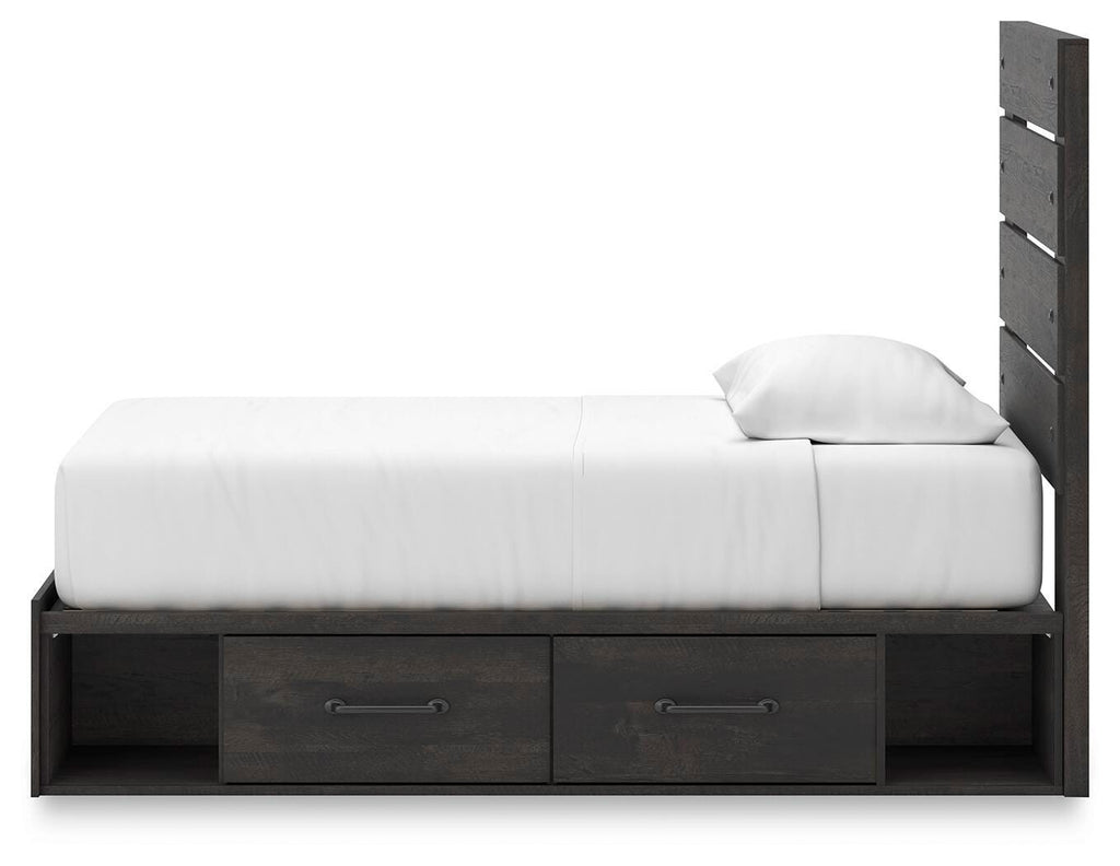 Hollivern Twin Panel Bed with Storage in Dark Gray, alternate side view