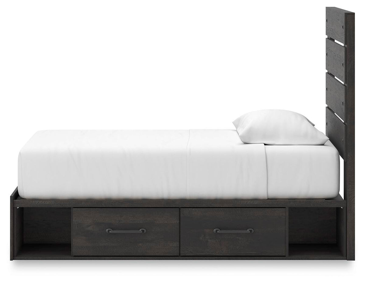 Hollivern Twin Panel Bed with Storage in Dark Gray, alternate side view