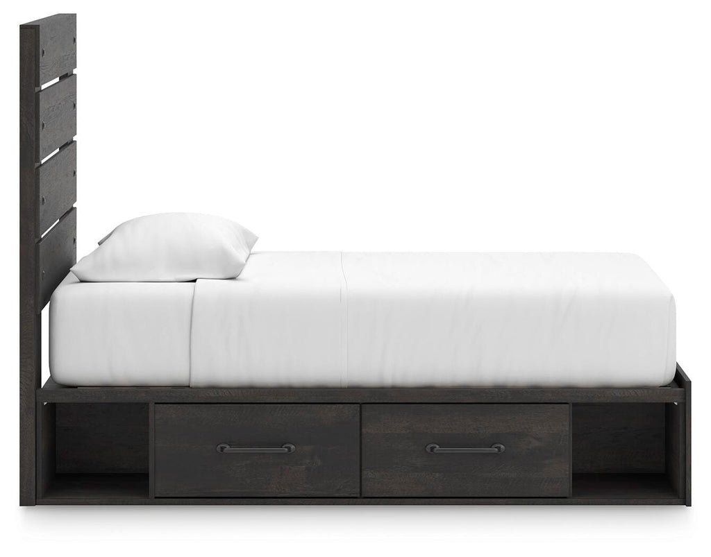 Hollivern Twin Panel Bed with Storage in Dark Gray, side view