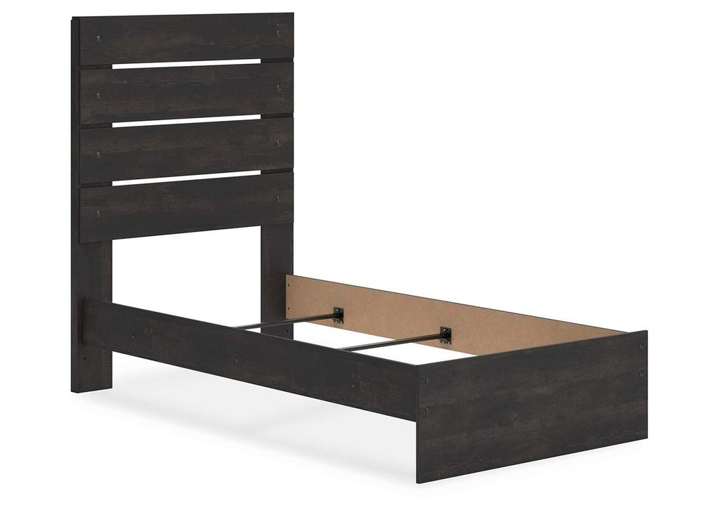 Delmorta Twin Panel Bed, Dresser, Mirror and Chest angled view