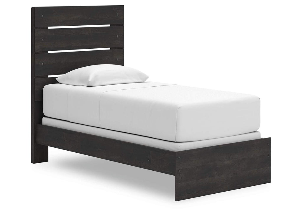 Delmorta Twin Panel Bed, Dresser and Nightstand angled view