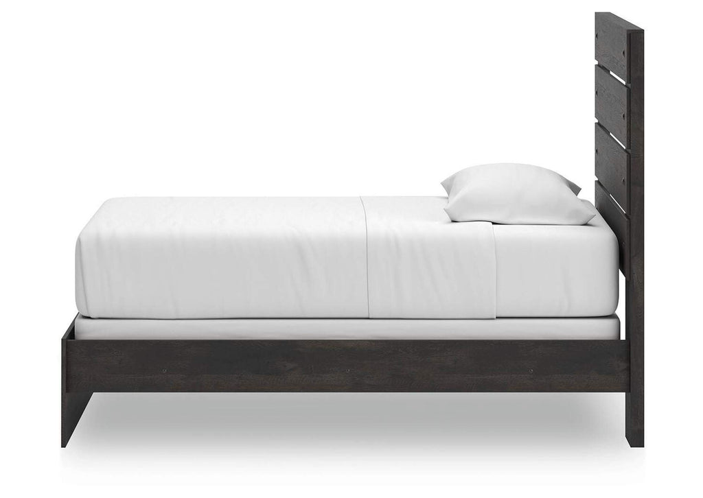 Delmorta Twin Panel Bed and Dresser side view