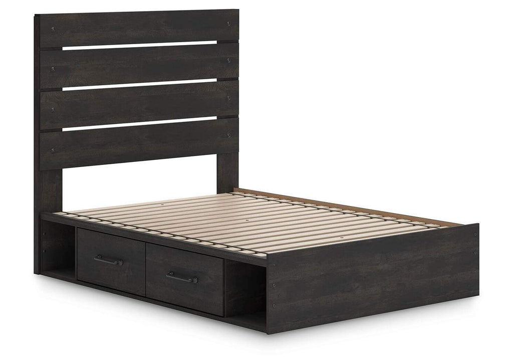 Delmorta Full Panel Storage Bed, Dresser and Mirror angled view