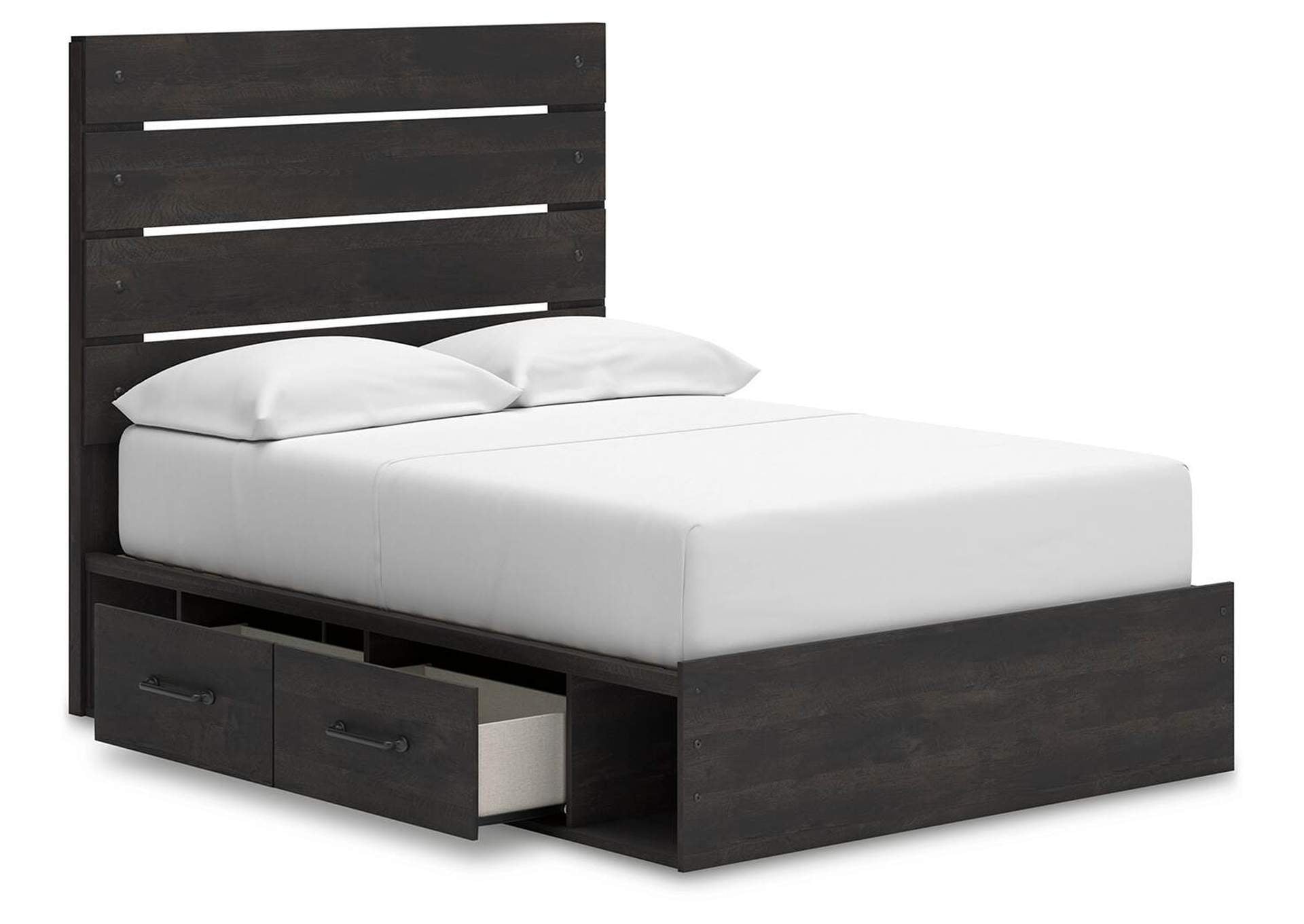 Delmorta Full Panel Storage Bed, Dresser and Nightstand angled view