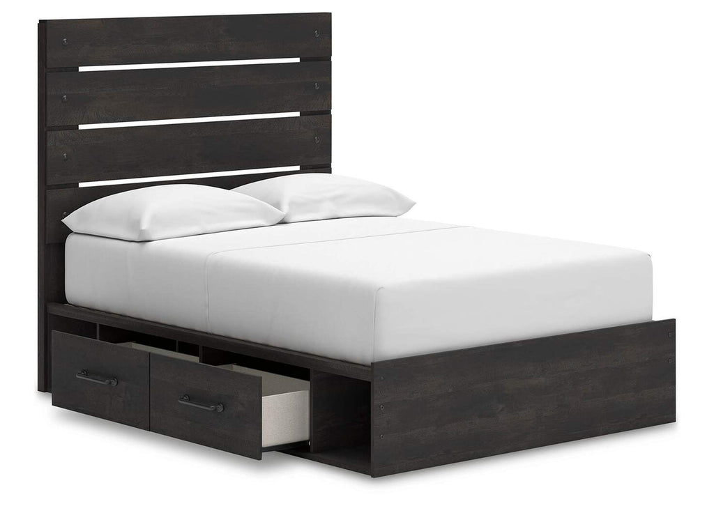 Delmorta Full Panel Storage Bed, Dresser, Mirror, Chest and 2 Nightstands angled view