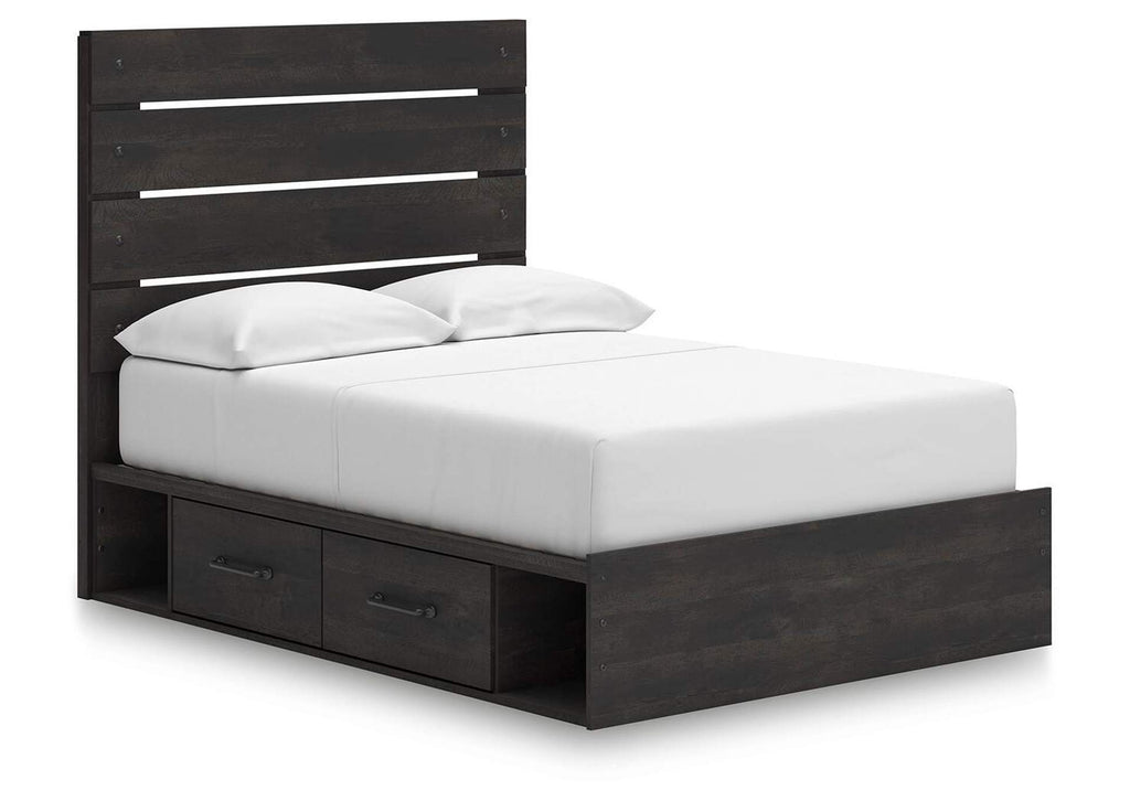 Delmorta Full Panel Storage Bed, Dresser, Mirror, Chest and Nightstand angled view