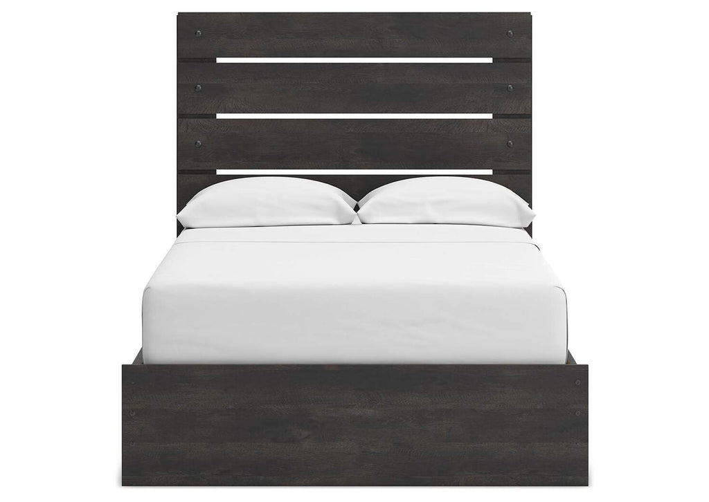 Delmorta Full Panel Storage Bed, Dresser and Nightstand front view