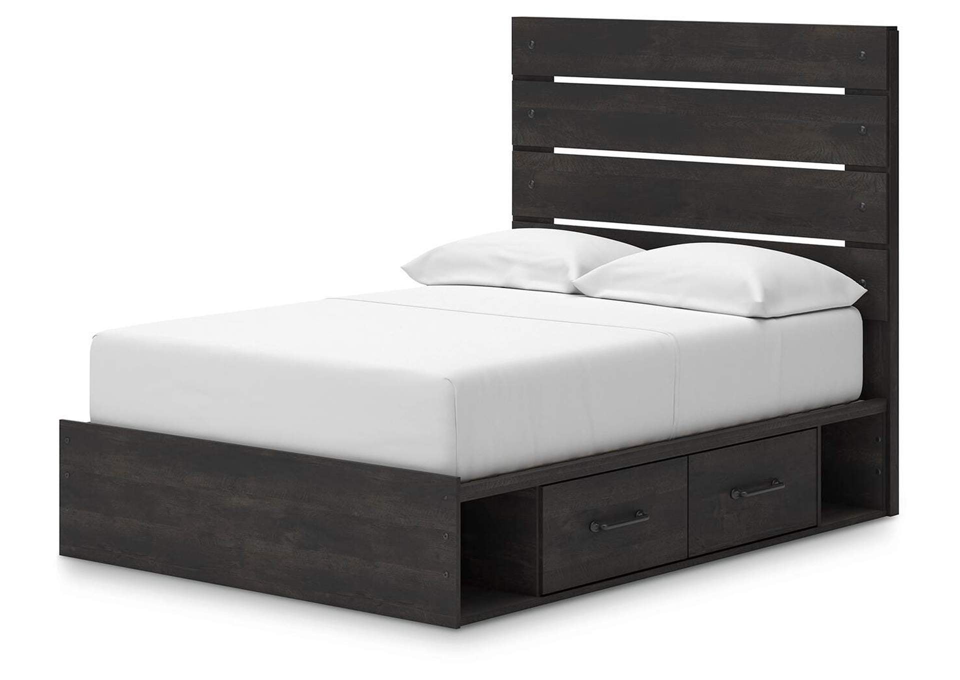 Delmorta Full Panel Bed with Storage, Dresser and Nightstand angled view