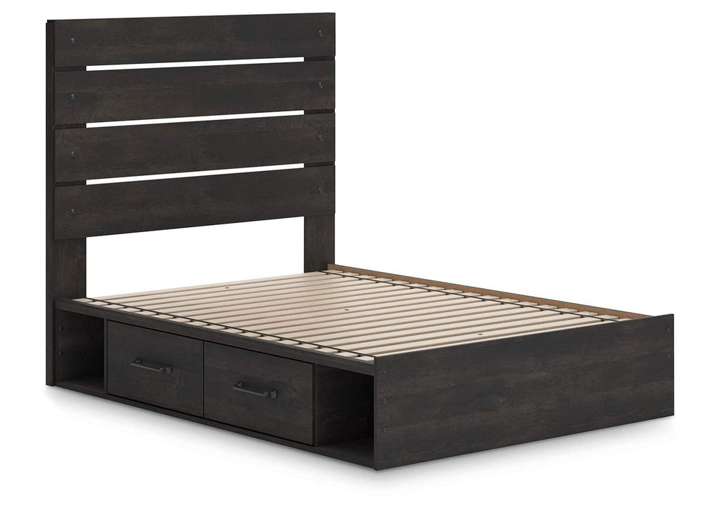 Delmorta Full Panel Bed with Storage, Dresser and Nightstand angled view