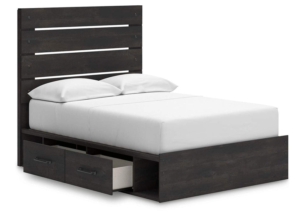 Delmorta Full Panel Bed with Storage, Dresser and Nightstand angled view