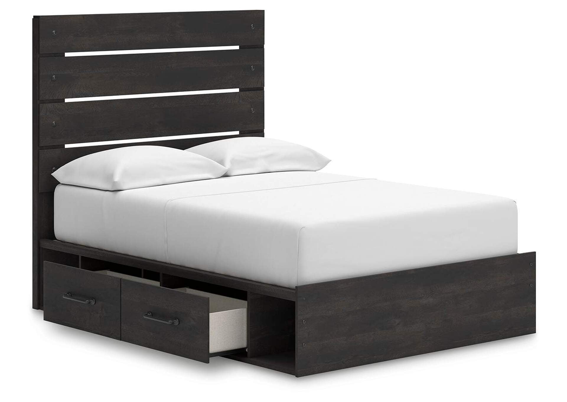 Delmorta Full Panel Bed with Storage, Dresser and Nightstand angled view