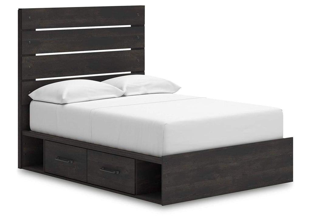 Delmorta Full Panel Bed with Storage, Dresser and Nightstand angled view