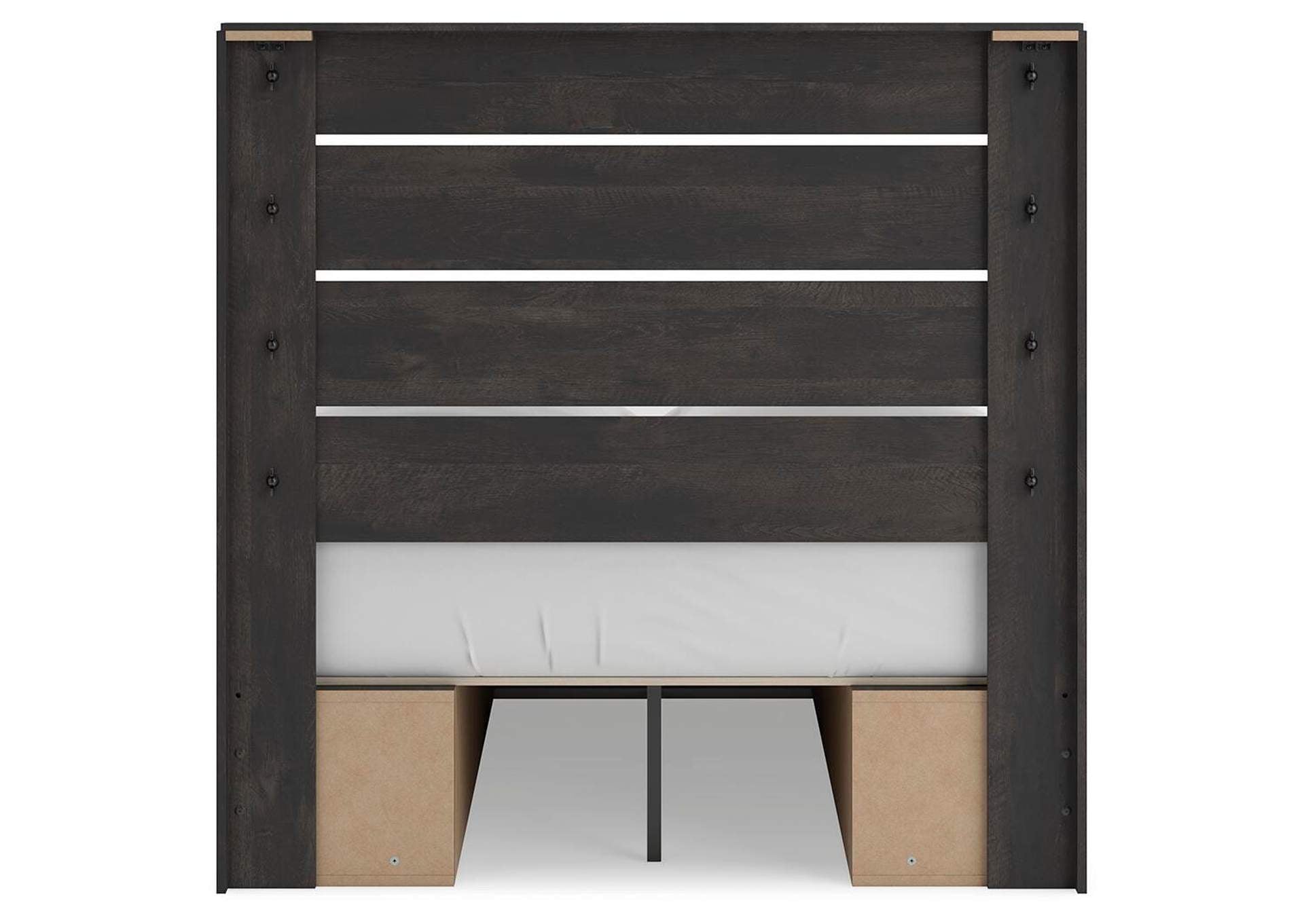 Delmorta Full Panel Bed with Storage, Dresser, Mirror, Chest and Nightstand