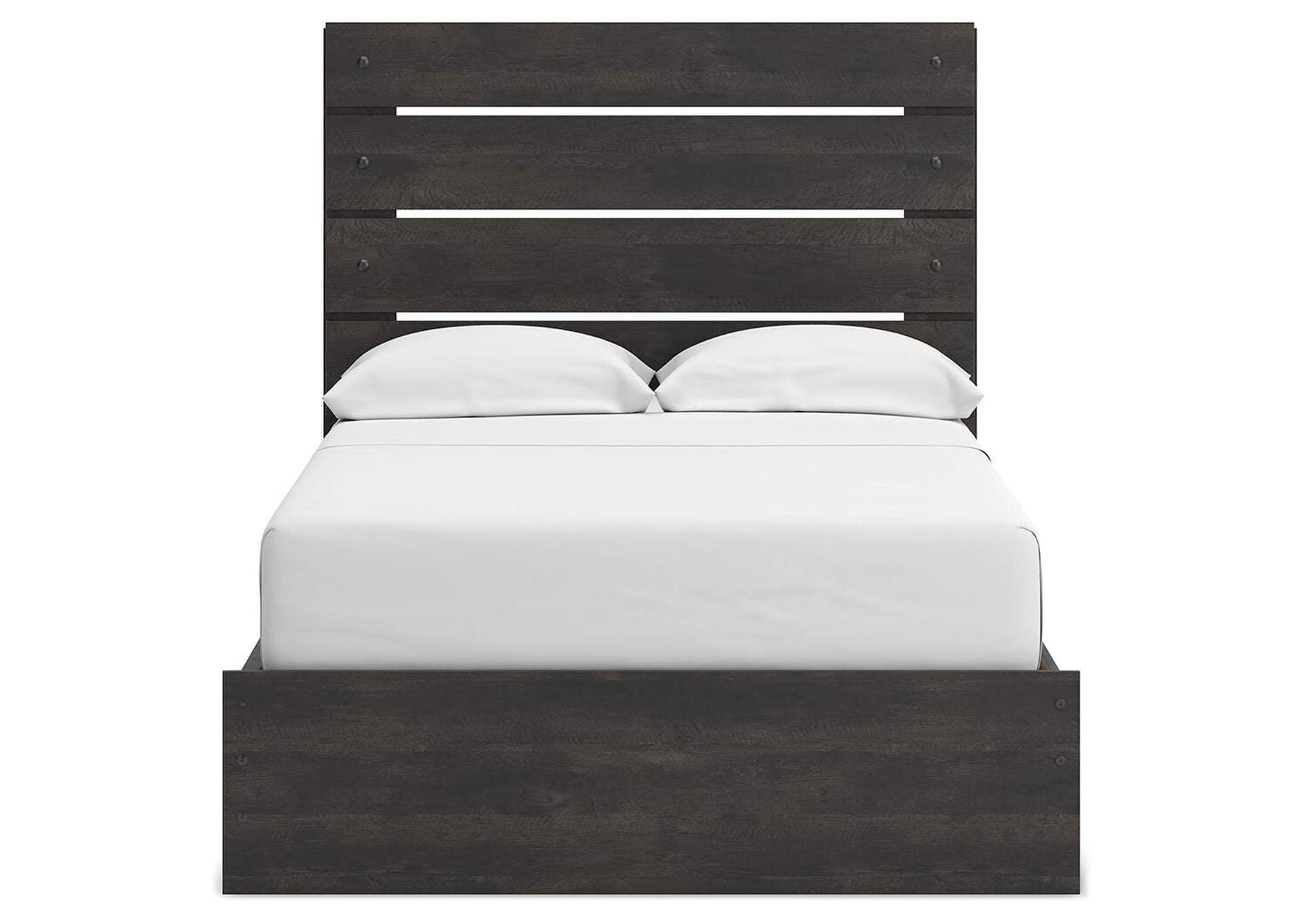 Delmorta Full Panel Bed with Storage, Dresser, Mirror and Nightstand front view