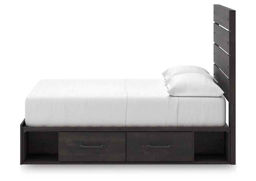 Delmorta Full Panel Bed with Storage, Dresser and Mirror side view