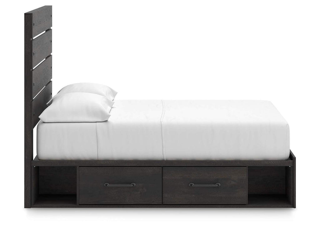 Delmorta Full Panel Bed with Storage and Dresser side view