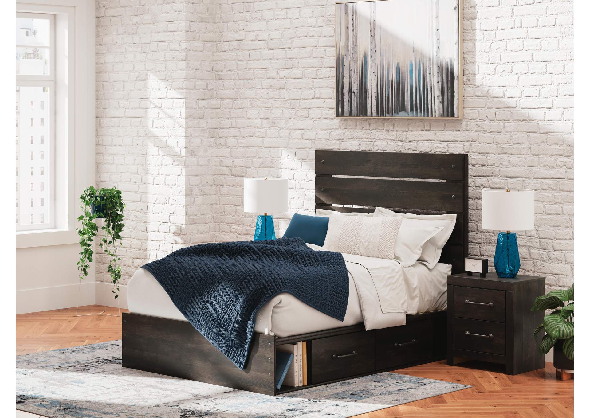 Delmorta Full Panel Bed with Storage, Dresser and Mirror