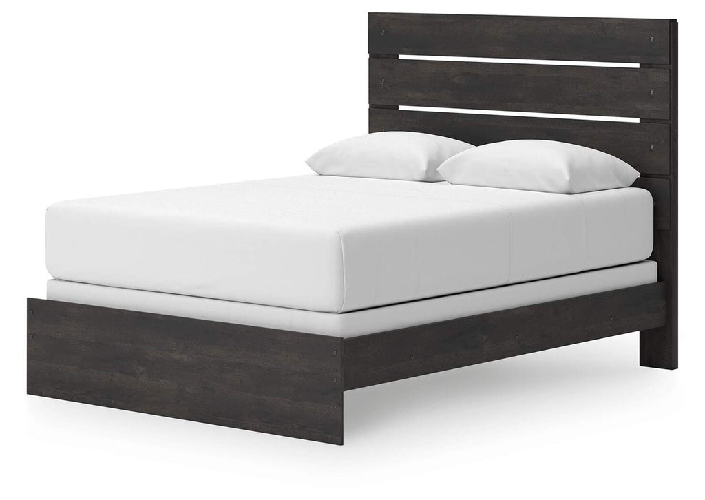 Delmorta Queen Panel Bed, Dresser, Mirror and Nightstand angled view