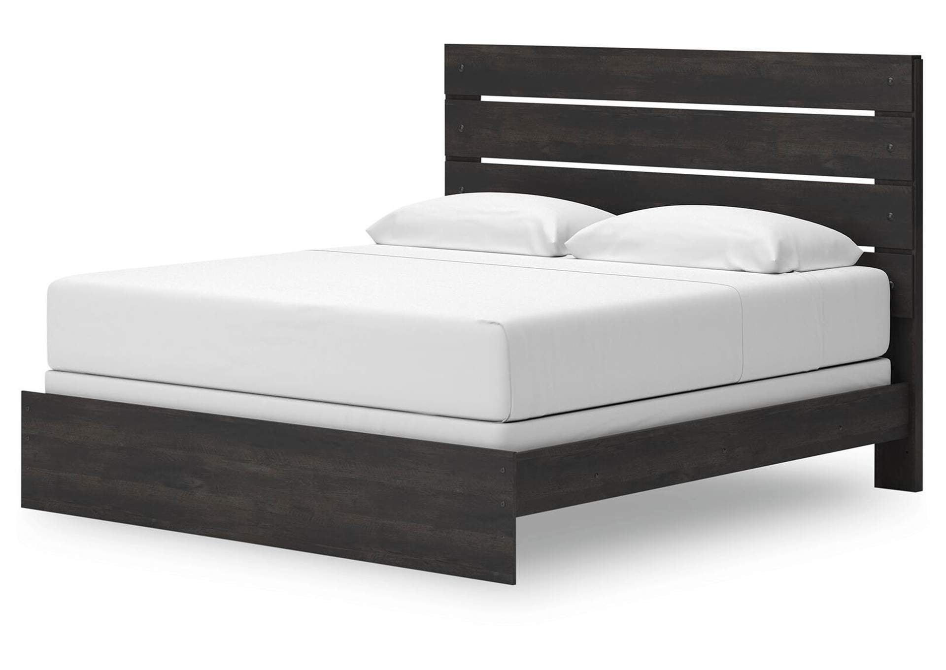Delmorta King Panel Bed, Dresser, Mirror, Chest and Nightstand angled view
