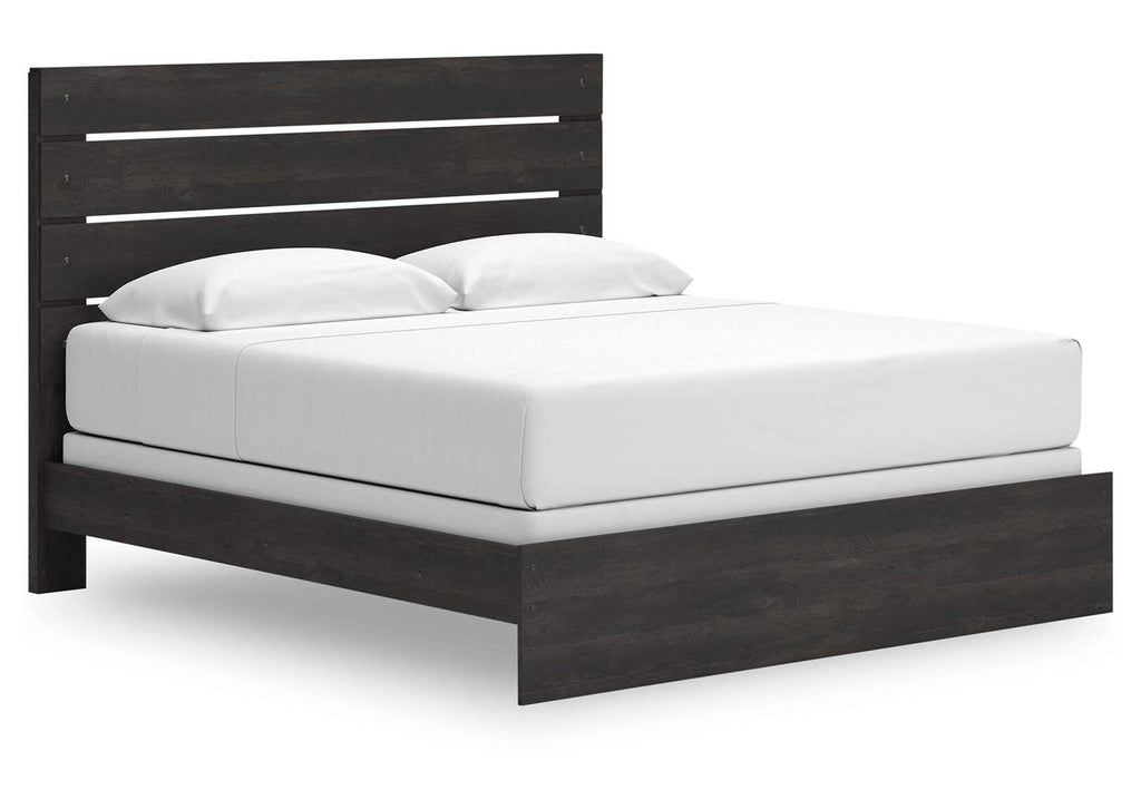 Delmorta King Panel Bed, Dresser and Nightstand angled view